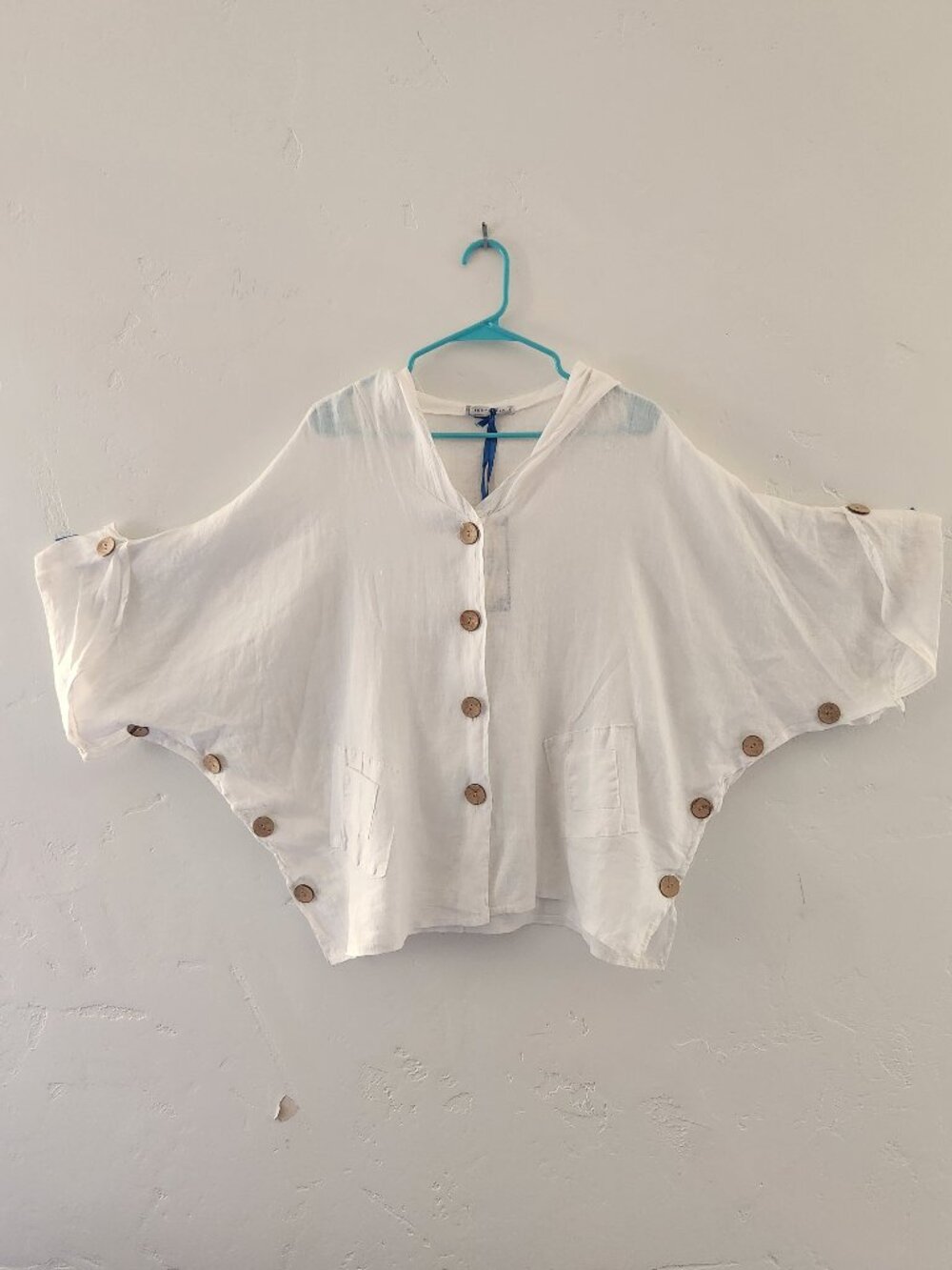 NWT, Tempo Paris, white linen blouse with hood, size L